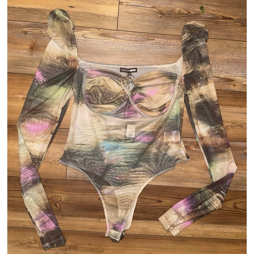 Fashion Nova Makayla Mesh Bodysuit Womens Large Abstract Print Sheer Top